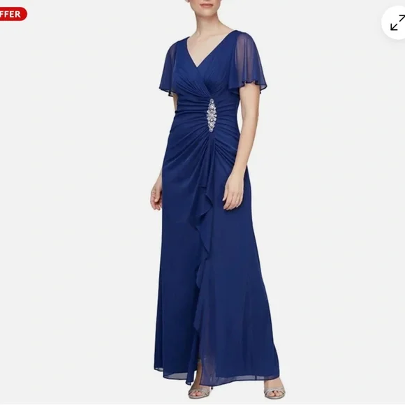 Alex Evening Women's Embellished Flutter-Sleeve Gown - Electric Blue NWT - Picture 1 of 4